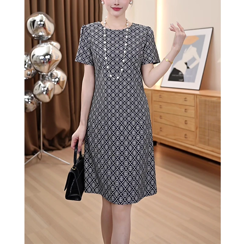 夏季A字收腰时尚气质中长裙透气显瘦减龄圆领短袖女士连衣裙AN