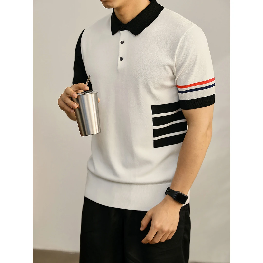 奥兰德保罗简约潮奢四条杠拼色Polo衫男夏季下摆纽扣撞色针织短袖