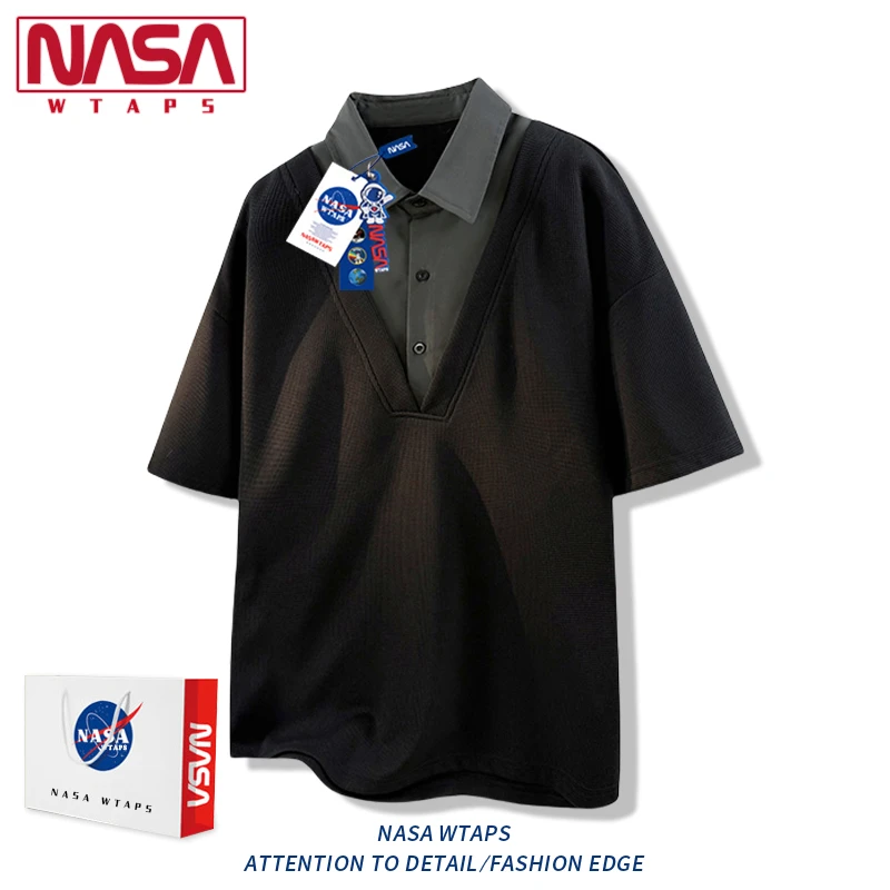 NASA WTAPS华夫格拼接V领短袖T恤男夏季宽松百搭体恤休闲半袖上衣