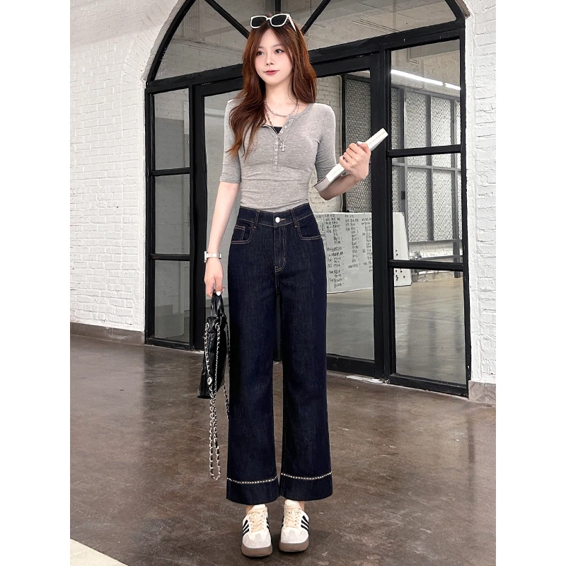 九分阔腿牛仔裤女秋季2025年新款小个子丹宁蓝高腰直筒奶奶裤
