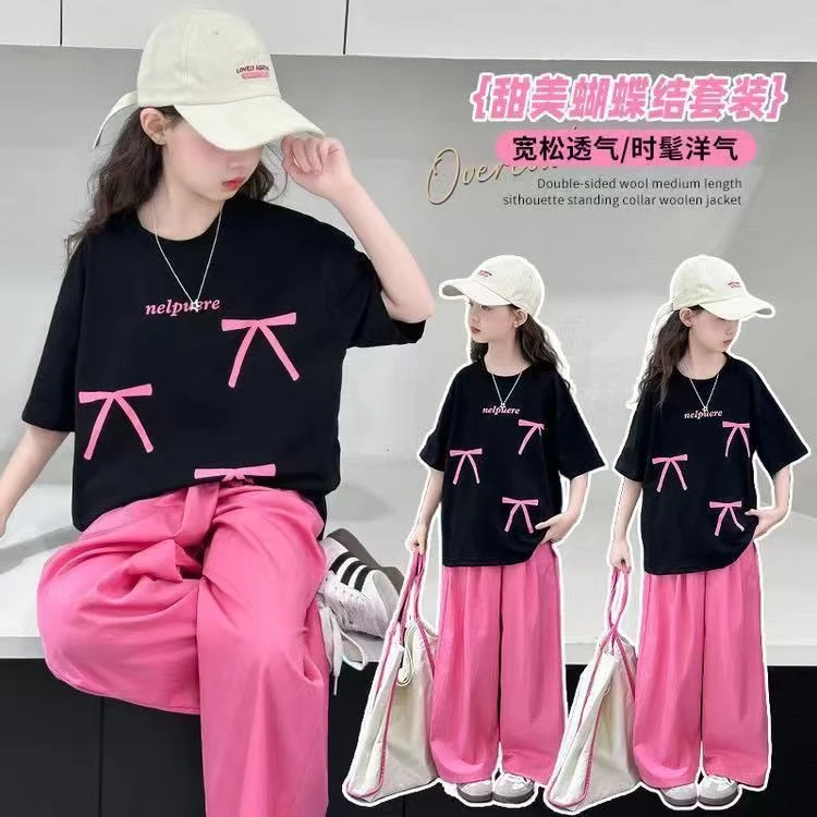 2025夏季新款女童休闲运动套装甜美蝴蝶结洋气两件套粉色时尚