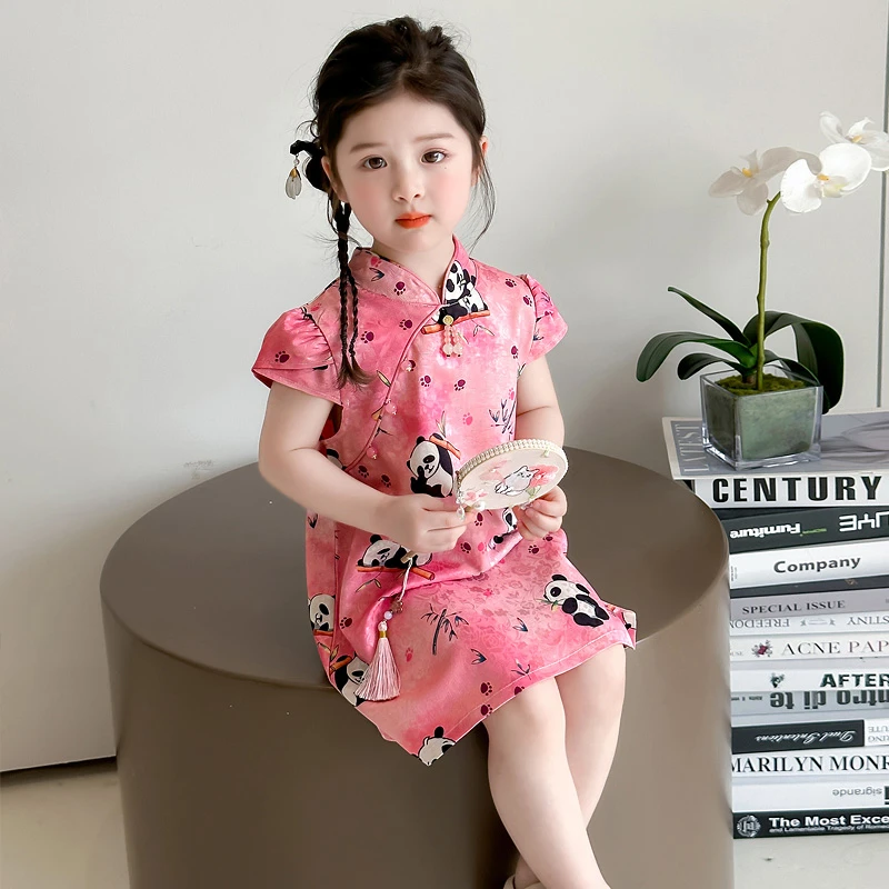 女童夏款旗袍新中式国风裙子2025新款童装复古珍珠熊猫提花儿童裙