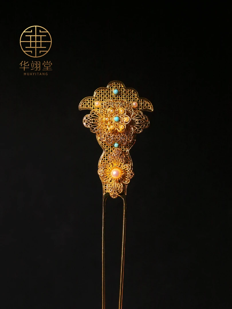 华翊堂原创设计铜镀金仿花丝金丝玲珑钗手工