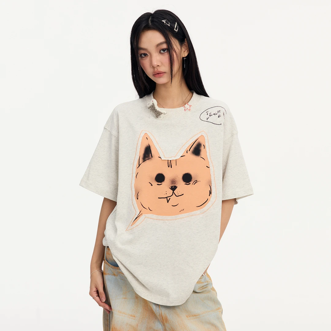 Teach Peace 动物对话框贴布刺绣T恤宽松小众趣味宠物头像短袖夏