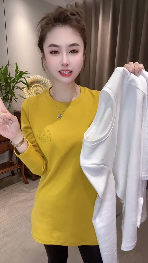 刺绣纯色常规螺纹棉质女款圆领T恤秋季洋气休闲百搭显瘦t恤上衣