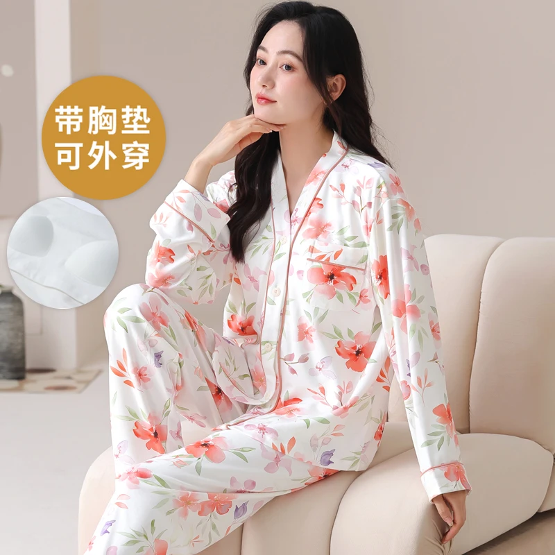 春秋季和服自带胸垫一体睡衣套装夏冬天家居服开衫大码可外穿卡通