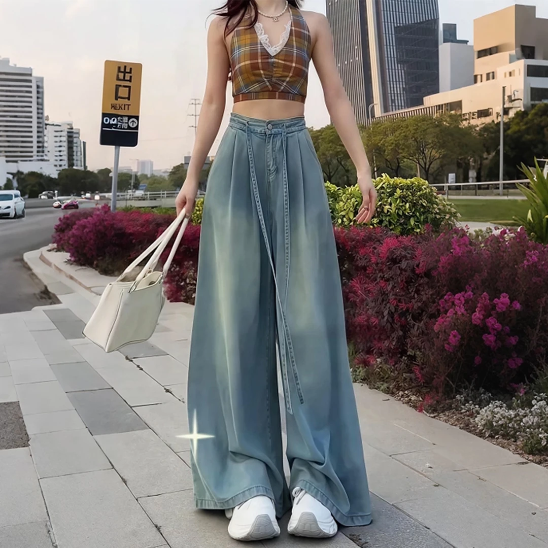 大码胖妹妹天丝牛仔裤女夏薄款阔腿宽松梨型身材显瘦垂感拖地裤子