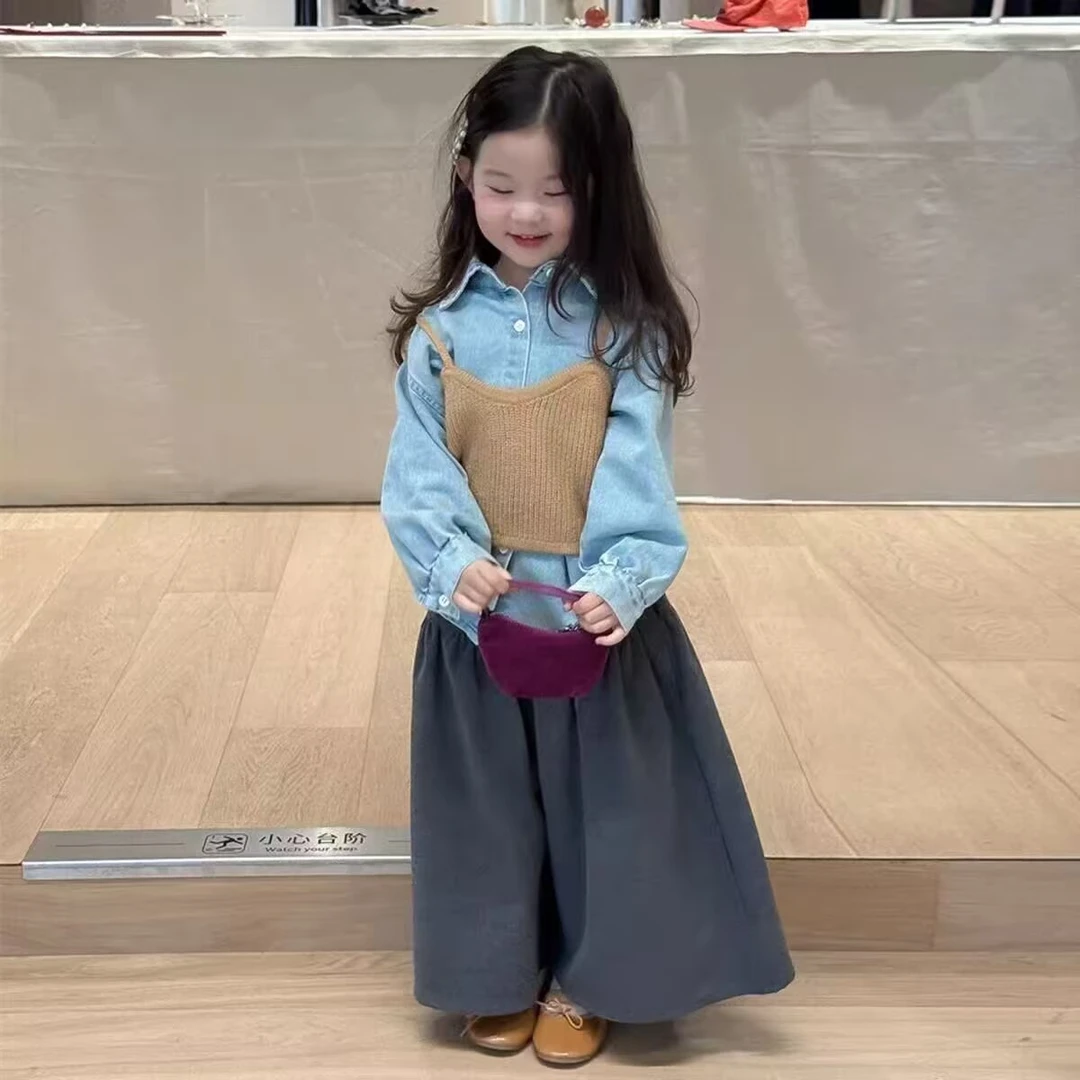 【亲子款】女童秋季新款套装洋气衬衫吊带百搭宽松阔腿裤三件套