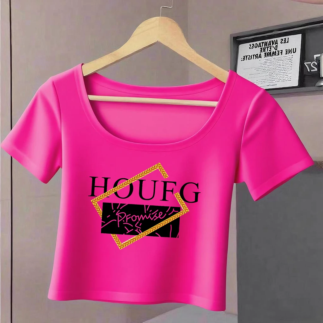 玫红色短袖t恤女短款夏季方领纯棉修身上衣高腰修身显瘦百搭体恤