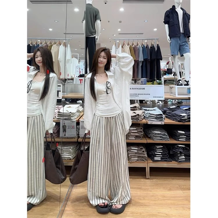 慵懒风穿搭套装长袖防晒衬衫女夏季半开领背心阔腿裤三件套