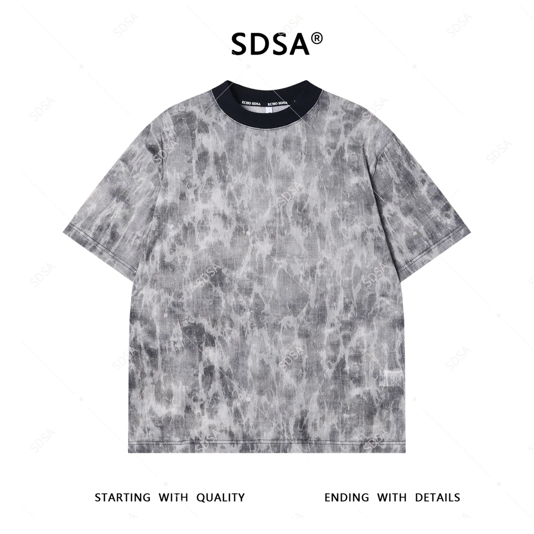 夏季高级感新款男士美式扎染烫钻短袖T恤宽松复古舒适圆领上衣