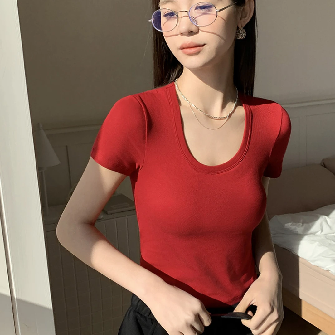 8862自带杯垫修身显瘦短袖