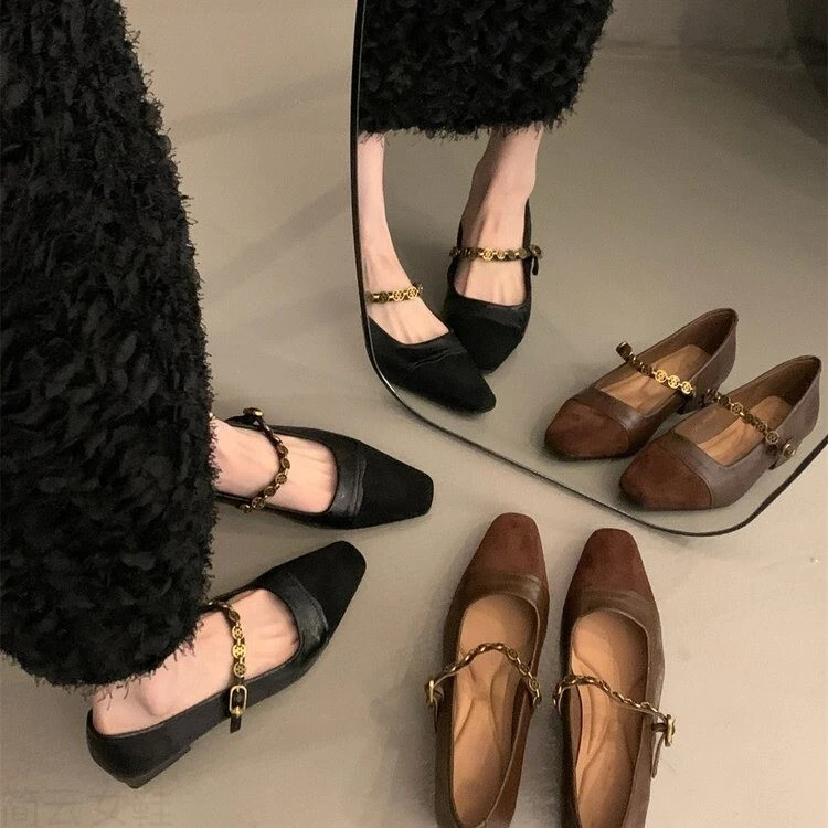 粗跟链条玛丽珍鞋女鞋子2025年春季新款低跟浅口一字带复古单鞋
