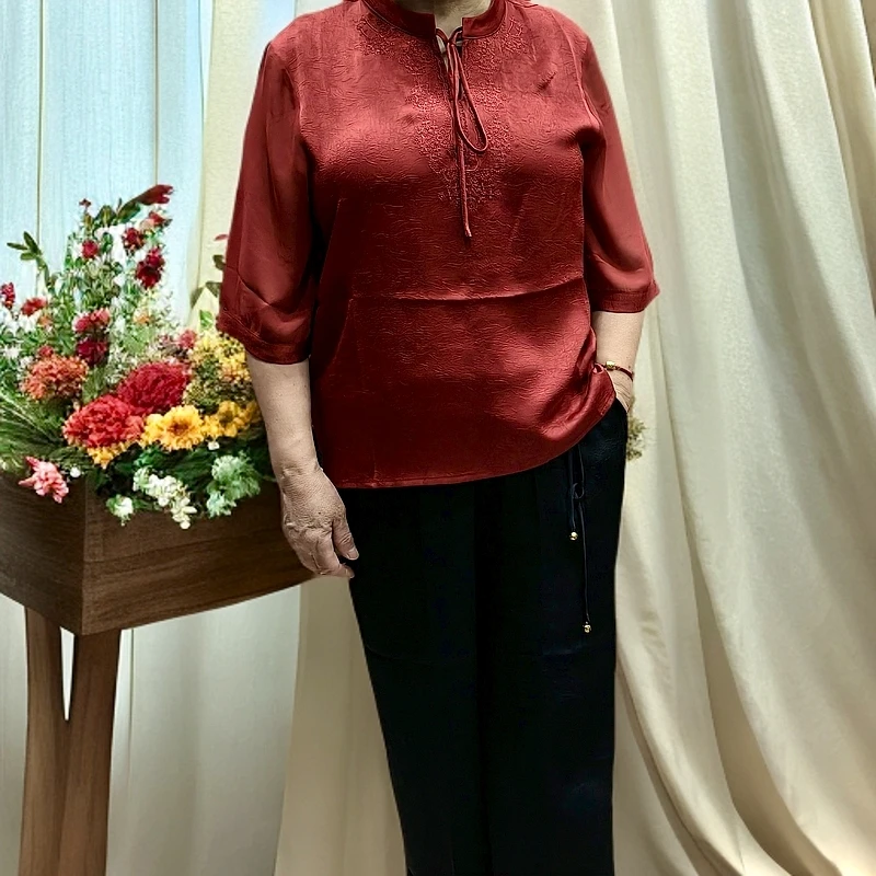 妈妈夏装国风刺绣上衣中老年宽松真丝桑蚕丝短袖小衫
