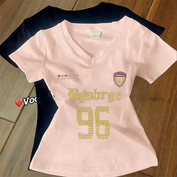 【AORSKK】新款V领正肩短袖t恤女日系通勤休闲风多巴胺穿搭修身上衣