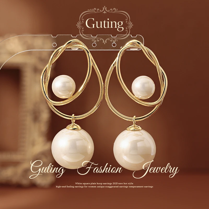 铜合金耳饰 22371金色环绕珠珠耳环女夸张耳钉耳饰轻奢大气耳坠