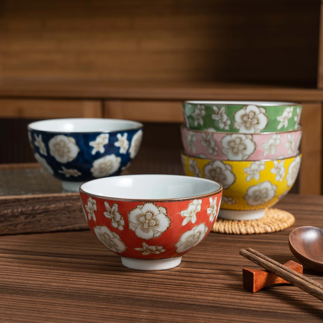 中式4.25寸手绘复古家用英式花5色米饭碗（5个装）