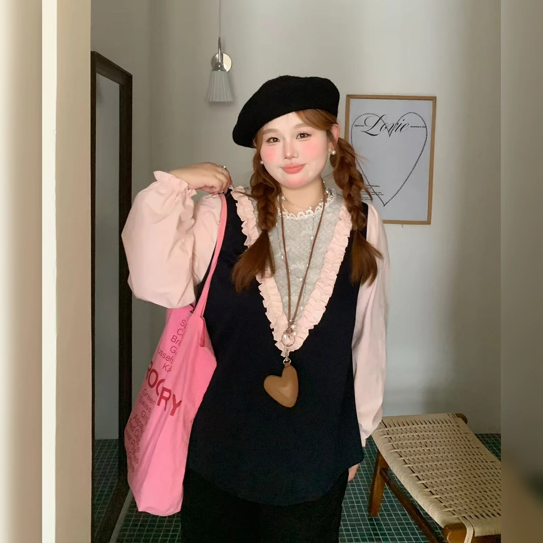 徐达布【尼甜桃粉】大码长袖衬衣女秋季微胖宽松上衣C36947C53