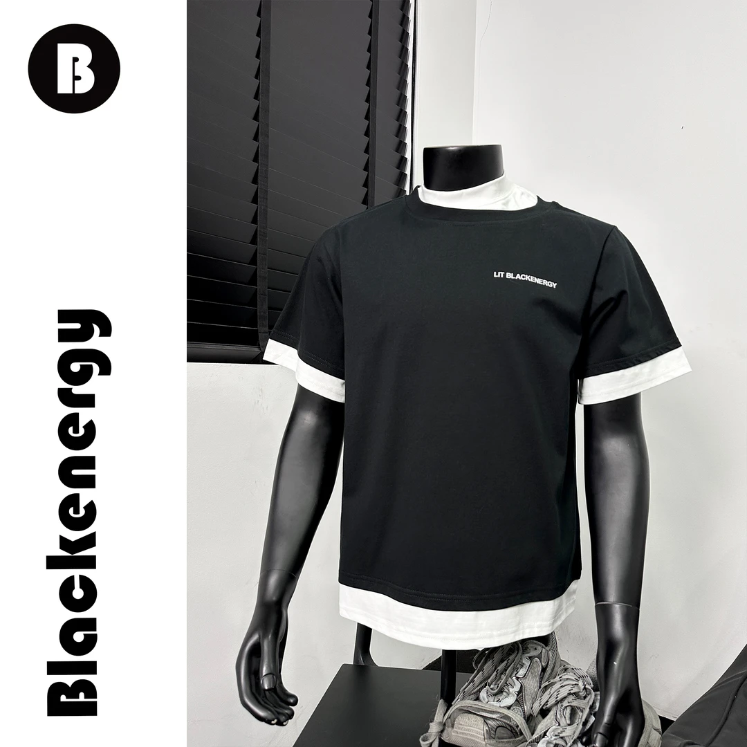 小领口T恤男士夏季美式百搭街头个性重磅时尚小众假两件短袖潮流