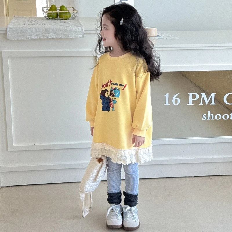 女宝宝卫衣秋季新款韩系卡通花边甜美长款卫衣女童上衣打底裤套装