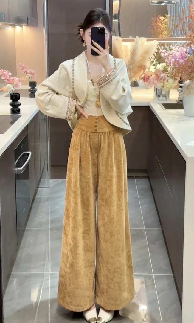 【现货】周粥星辰秋新款中式设计款茧型提花刺绣外套+阔腿裤