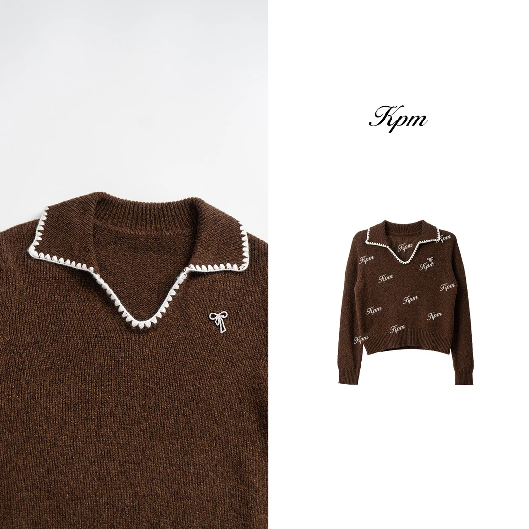 冬季新品时尚简约慵懒翻边V领拼色洋气减龄百搭长袖针织衫JN8972