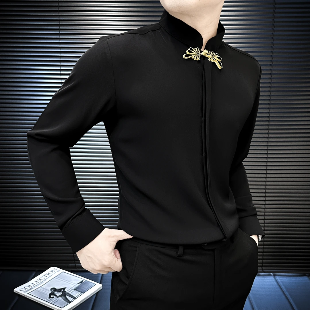 国风盘扣衬衫男款长袖秋季新中式男装新款设计感立领衬衣男士上衣