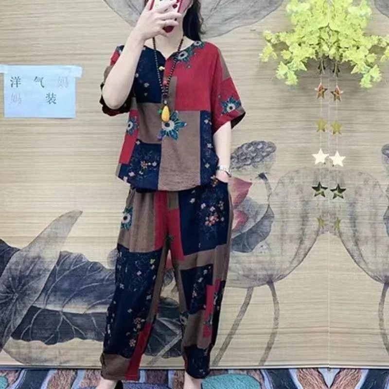 F559妈妈装夏季套装新款休闲时尚中年妈妈装洋气印花时尚套装