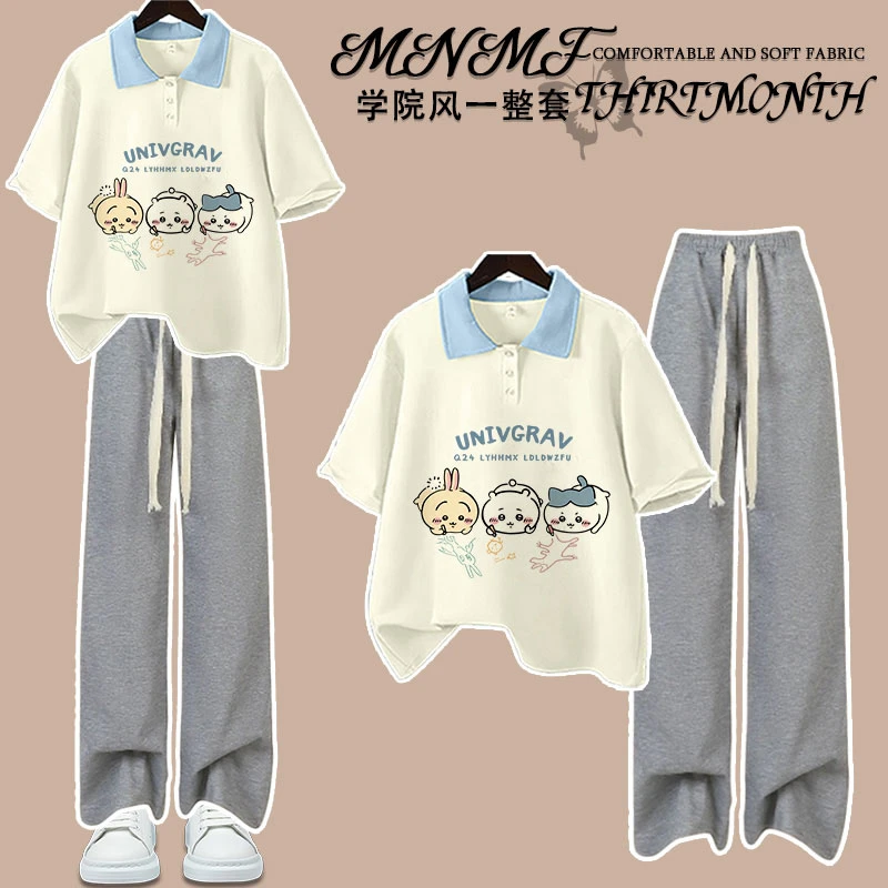 女童学院风polo套装短袖长裤夏季新款吉伊卡哇印花宽松百搭两件套