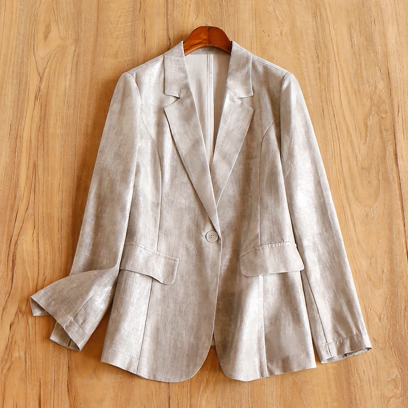 真心难遇！法G亚麻烫金 高质感通勤收腰西装外套春天家女10B4 特
