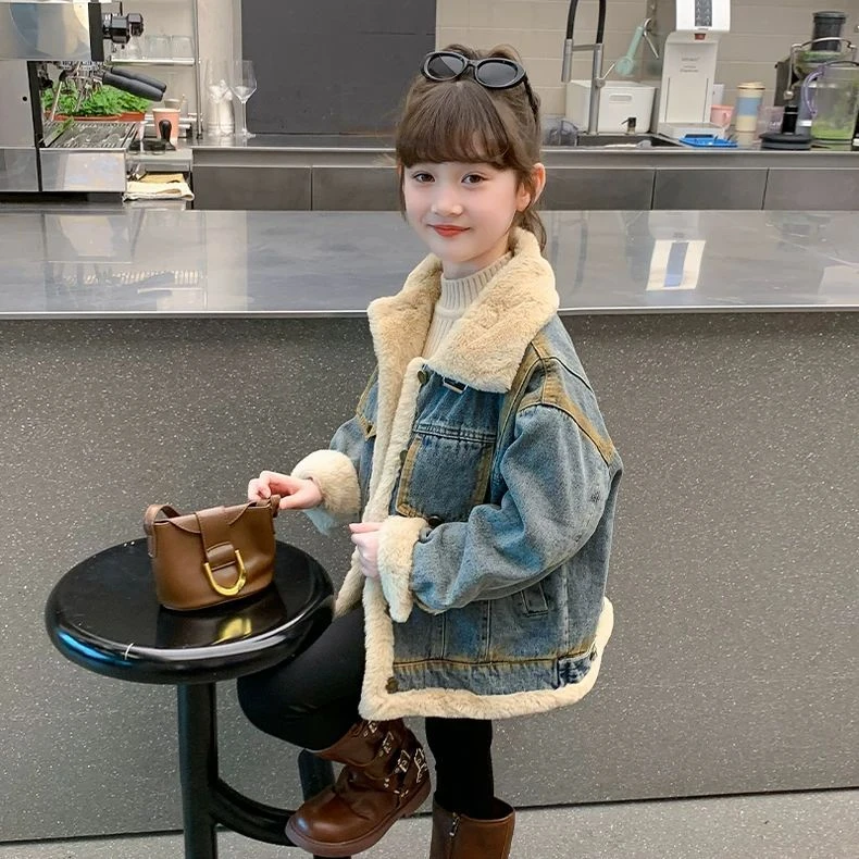 儿童女童牛仔外套洋气加绒加厚上衣童装女孩中大童韩版冬季秋冬装