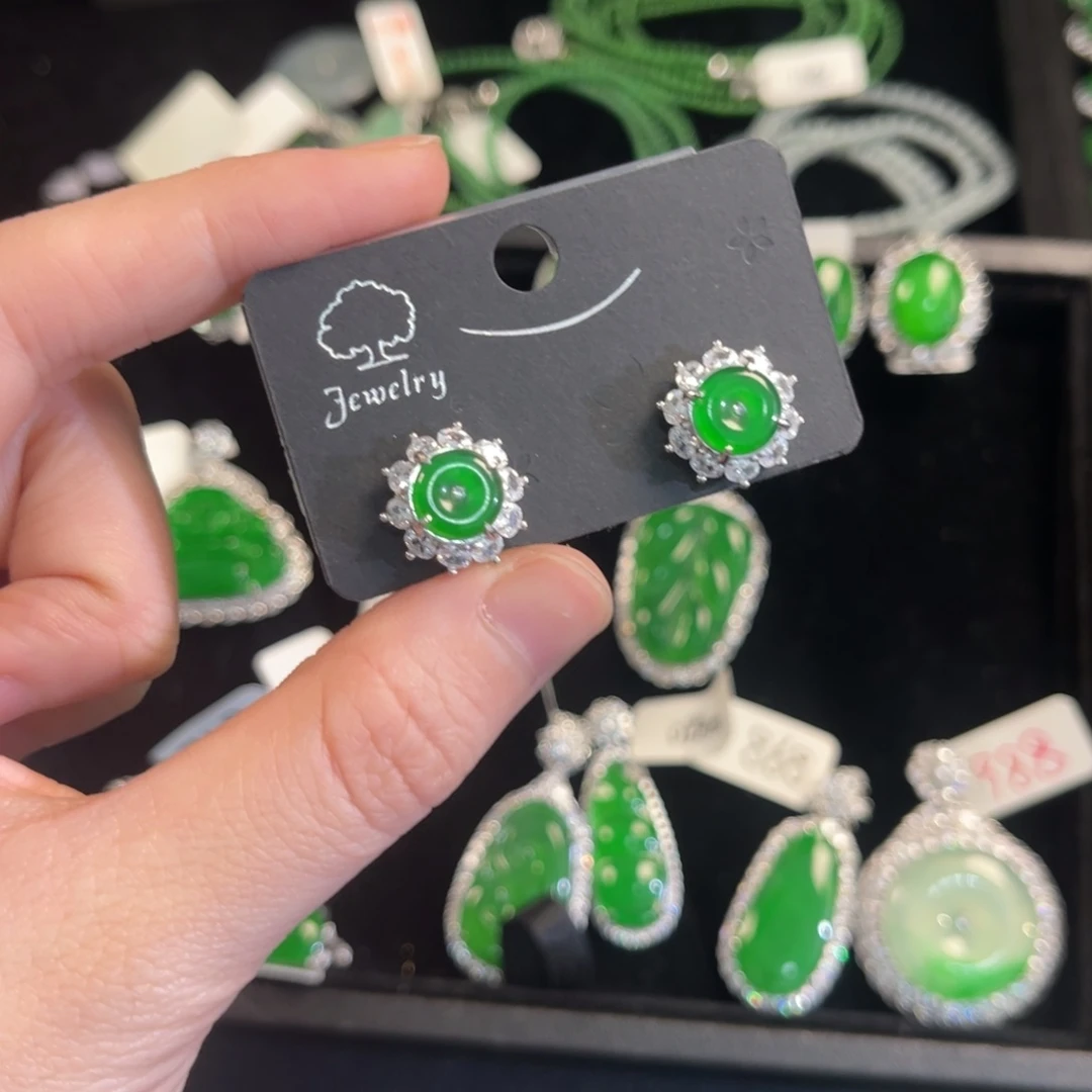 翡翠银S925镶嵌戒指一刀切翡翠耳钉