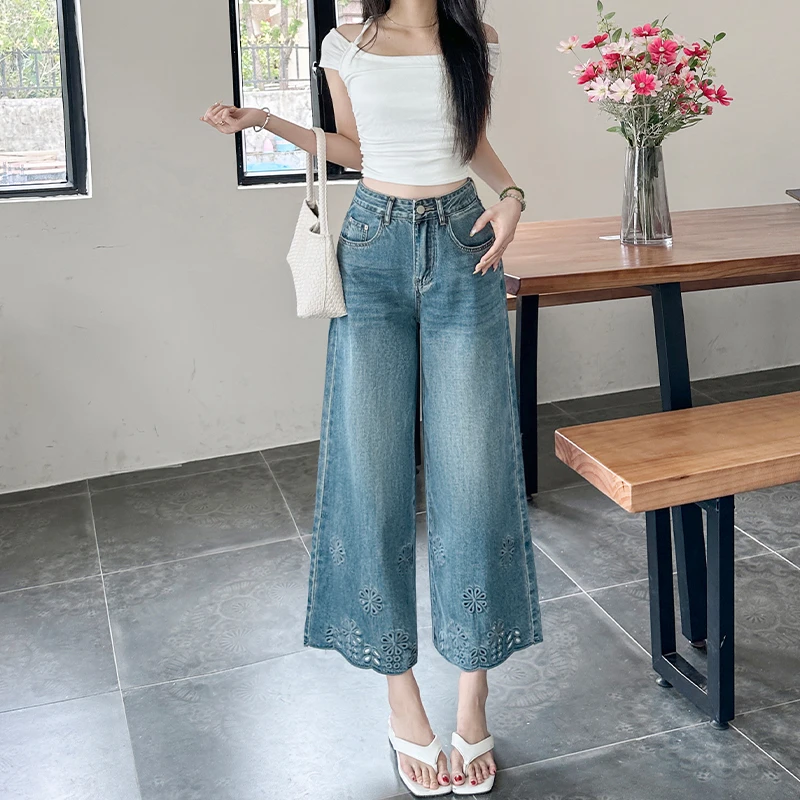 花边刺绣镂空高级感九分牛仔裤女2025新款秋季轻薄韩版高腰小个子