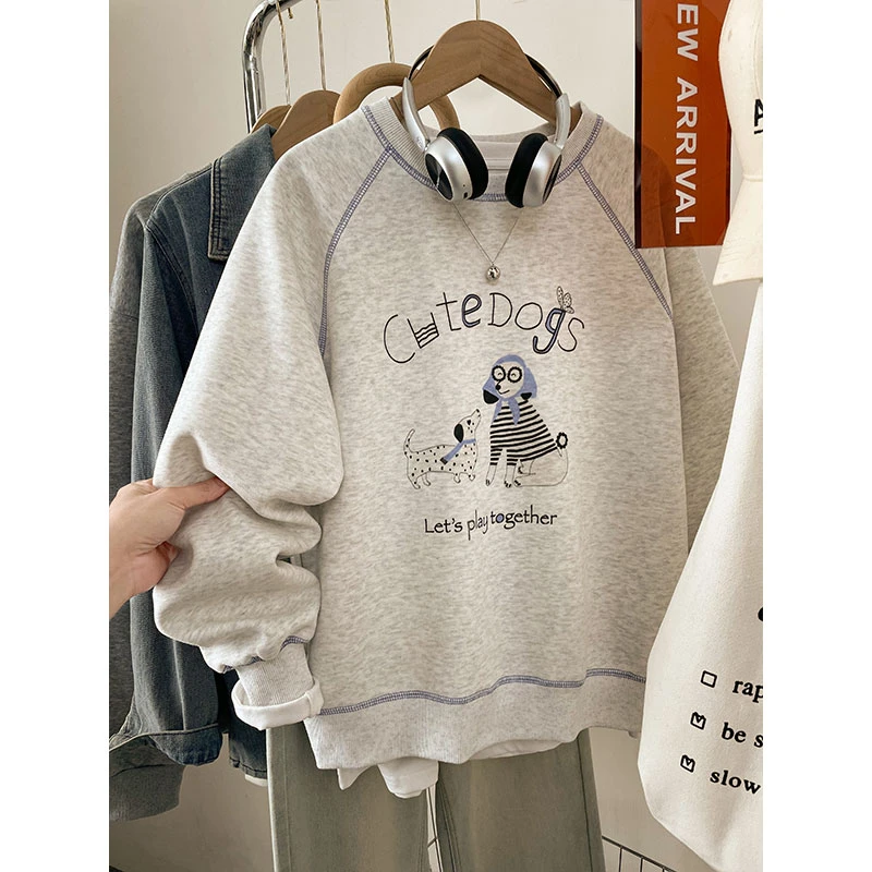 复古百搭大码无帽卫衣女秋季2025新款胖mm加绒加厚外套上衣200斤