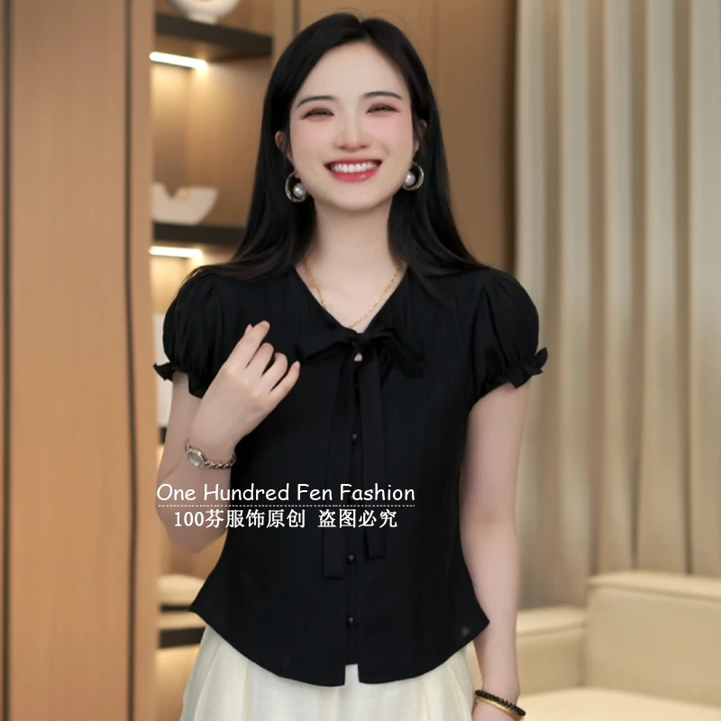 高级感复古黑色泡泡袖衬衫女装夏季气质V领显瘦百搭上衣