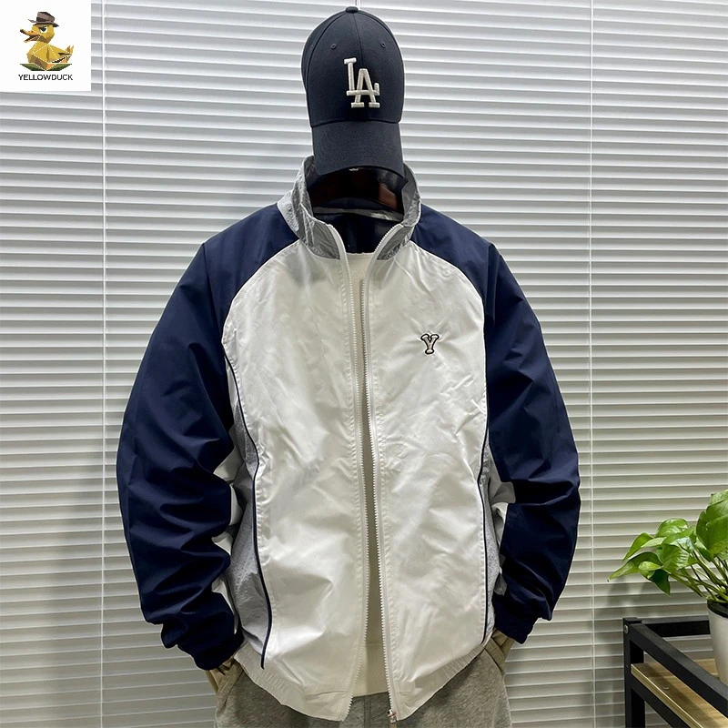 美式复古撞色立领外套男士春秋季潮牌休闲宽松拼接学院风运动夹克