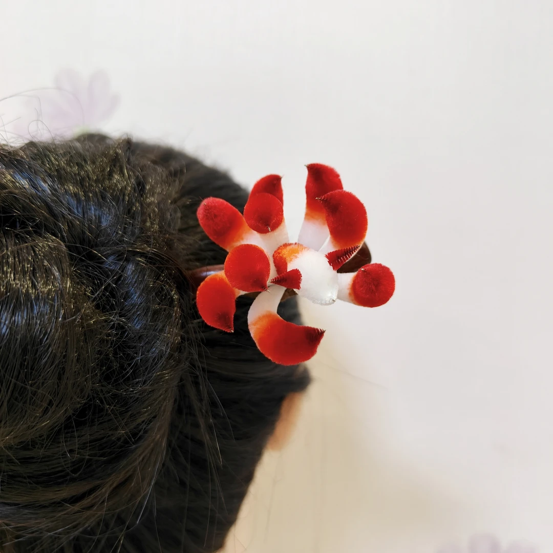 非遗手工发簪九尾狐绒花蚕丝头饰古风发簪发饰复古风