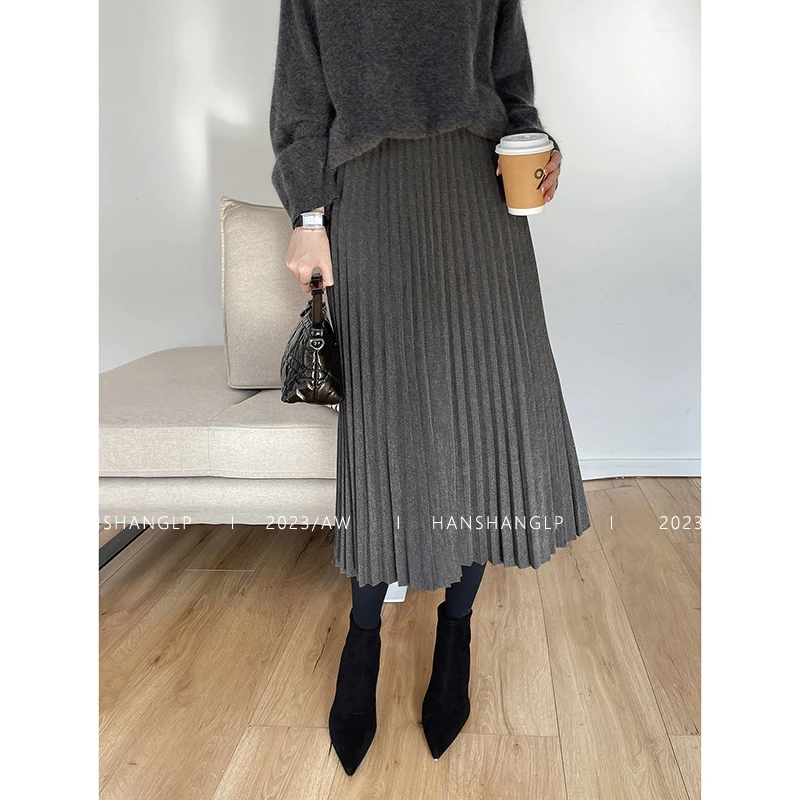韩裳良品 深灰色羊毛呢百褶半身裙冬季2025新款高腰显瘦A字中长裙