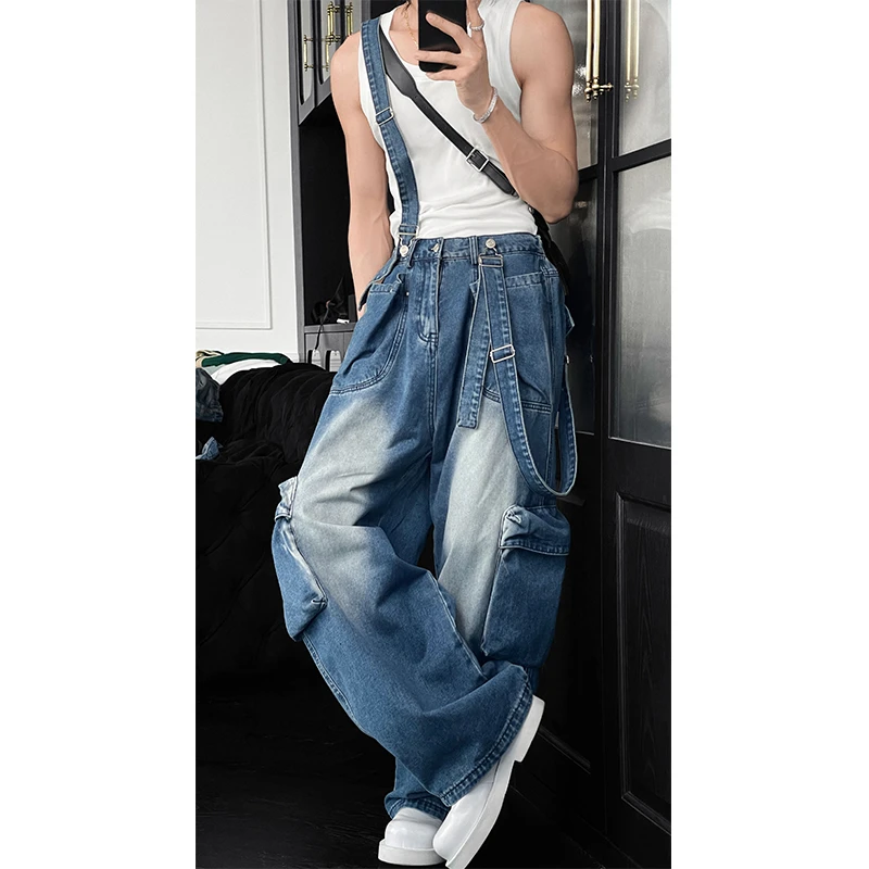 龙叨叨春夏新款美式高街复古背带裤男女原创设计款百搭工装牛仔裤