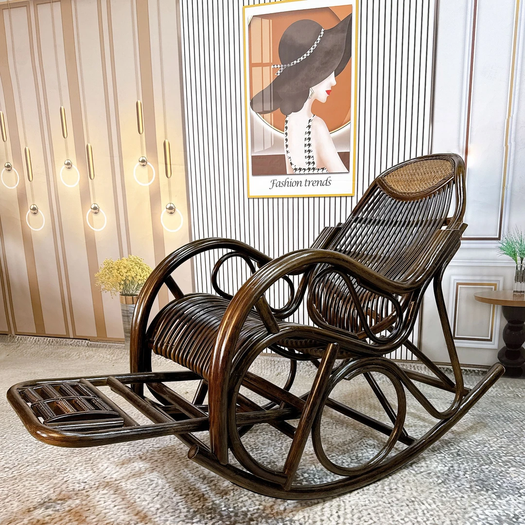 印尼玛瑙真藤材质摇椅家用阳台庭院休闲家用真藤躺椅逍遥椅藤椅