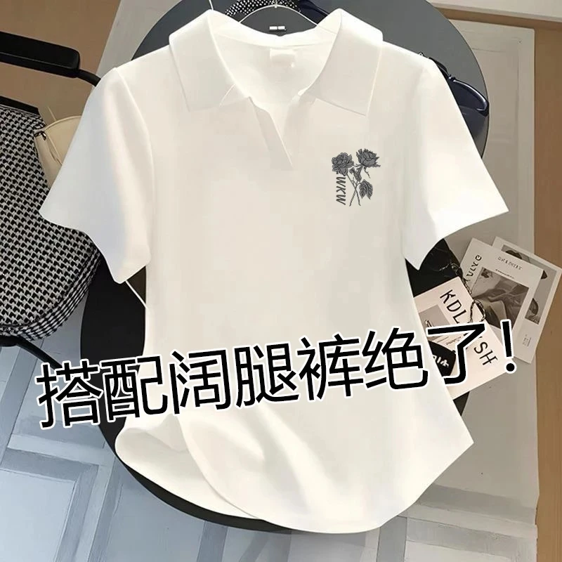 夏季小众别致翻领短袖t恤2025大码宽松休闲显瘦百搭韩版纯棉上衣