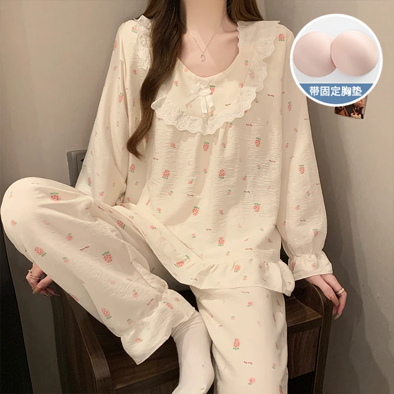 带胸垫睡衣女长袖春秋季云朵棉甜美公主风新款爆款家居服两件套装