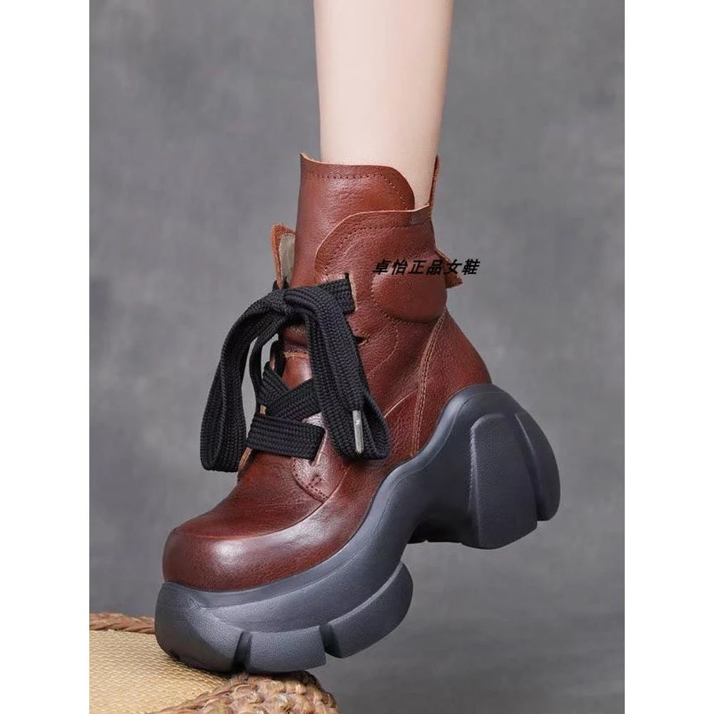 【万达撤柜】秋冬厚底小个子增高女靴2025新款休闲系带单靴头层牛皮