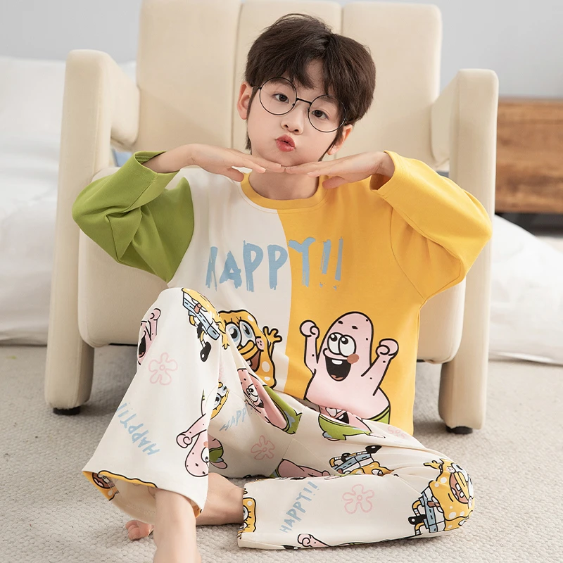 伊束姿儿童宝宝男童纯棉长袖睡衣薄款秋装中大童卡通青少年家居服