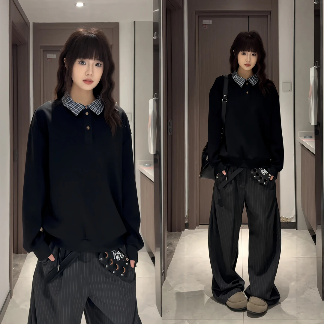 假两件亨利领卫衣男款秋季潮牌宽松重磅美式复古套头内搭长袖上衣