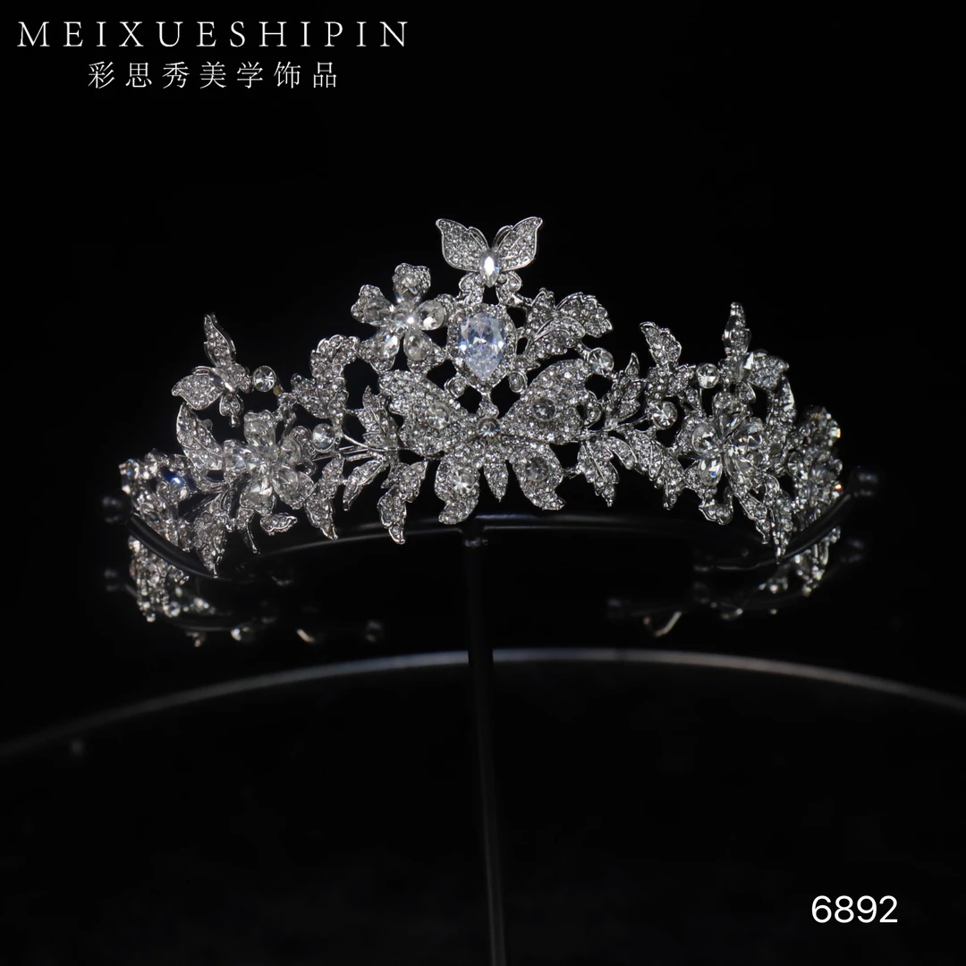 6892满钻蝴蝶大头围皇冠新娘结婚主纱仪式头饰影楼跟妆写真配饰