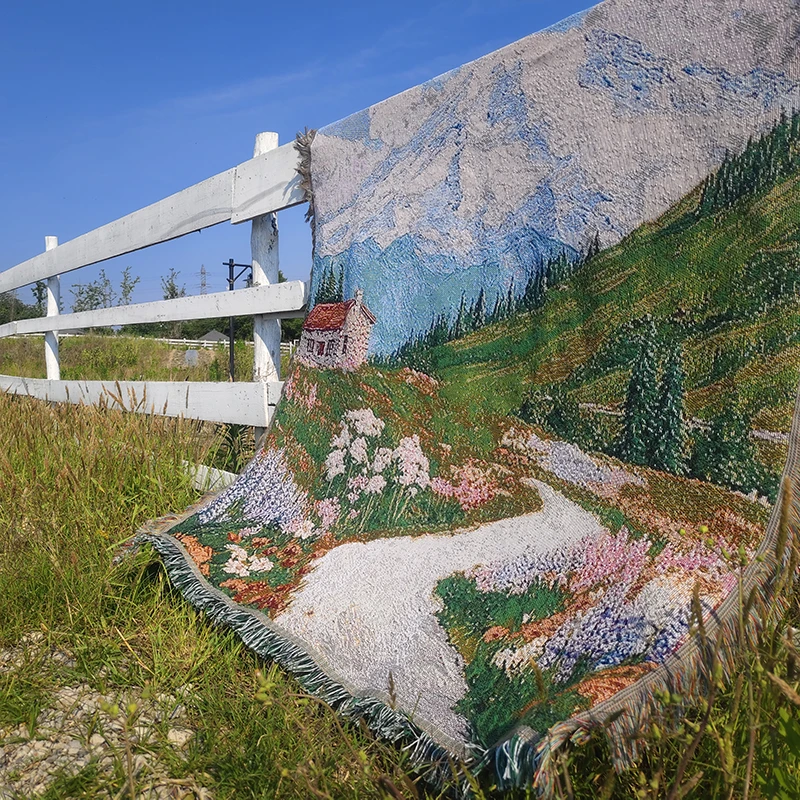 治愈诗和远方毯油画风毛毯小尺寸沙发盖休闲毯床尾装饰毯铺椅子