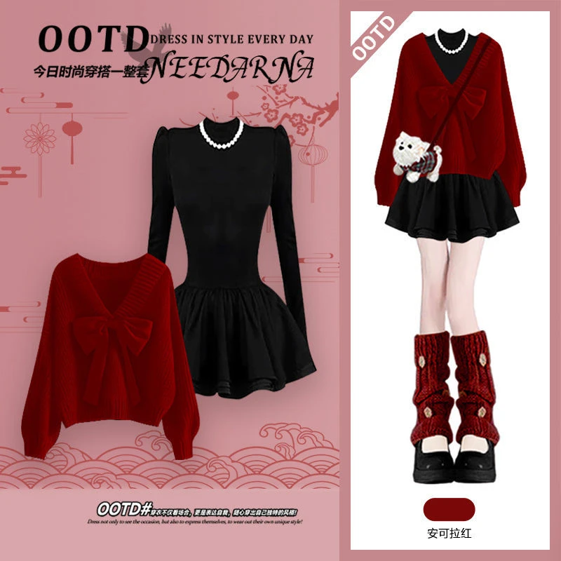 过年氛围感穿搭新年战衣安可拉红色蝴蝶结针织毛衣连衣裙两件套装