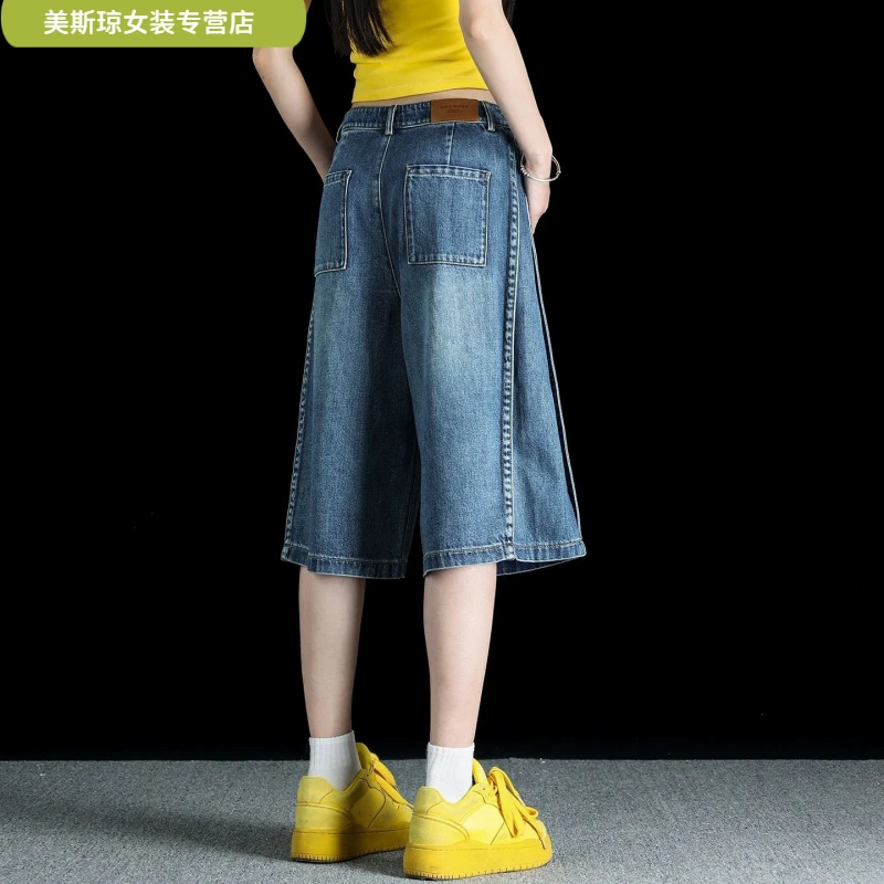 ll牛仔短裤女五分裤2025夏季薄款高腰直筒中裤阔腿六分裤小众ll