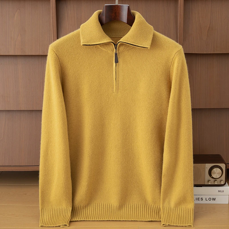2025年秋季新款七针加厚高领翻领半开针织男士羊绒衫时尚休闲通勤